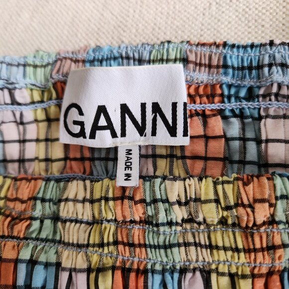 GANNI Shirred Puff Sleeve Seersucker Top in Pastel Check - US 4 (S) - Picture 6 of 16